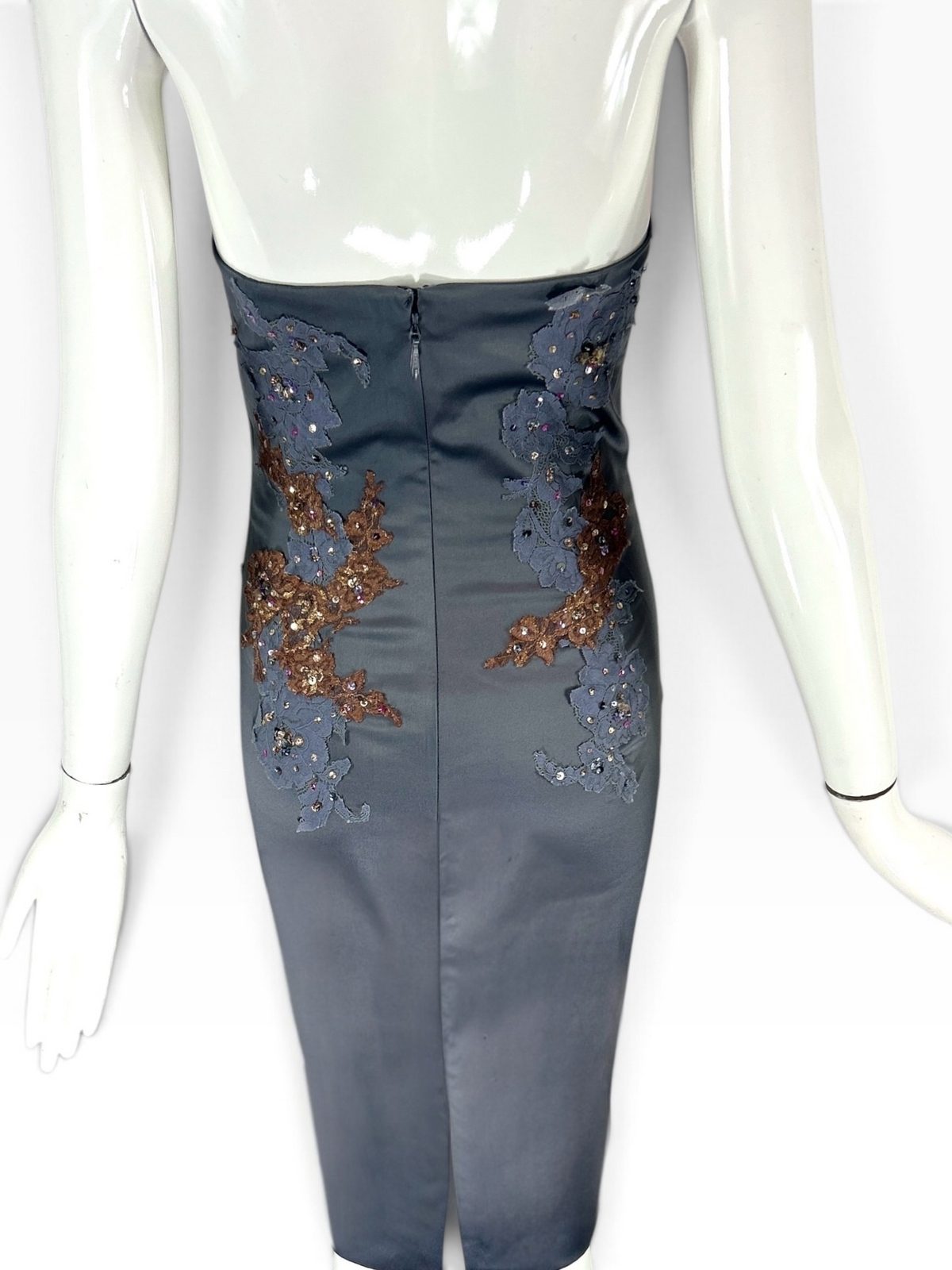 Mandalay Silver Gray Strapless Dress with Brown & Silver Lace Appliqué – Size 6