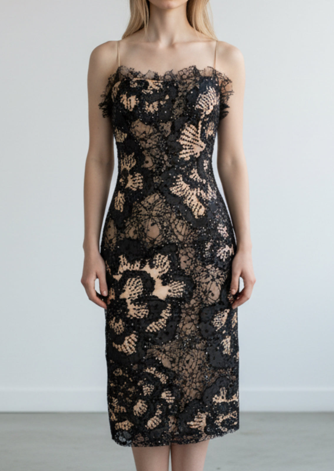Y2K Deadstock Mandalay Dress – Blush Satin with Black Lace, Size 6