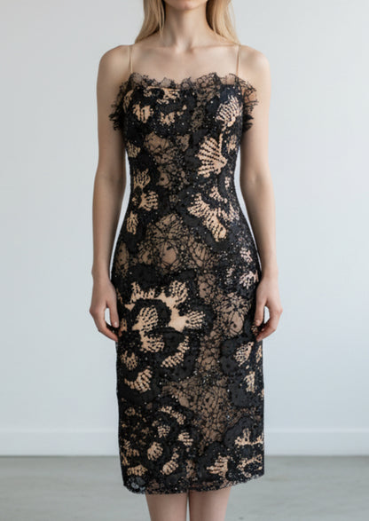 Y2K Deadstock Mandalay Dress – Blush Satin with Black Lace, Size 6