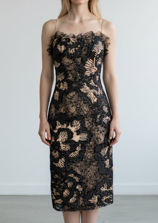 Y2K Deadstock Mandalay Dress – Blush Satin with Black Lace, Size 6