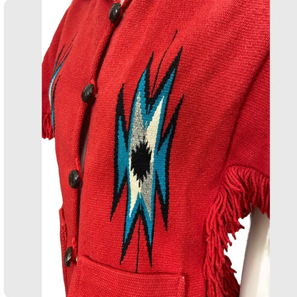 50’s Red Wool Chimayo Poncho Style Jacket with Fringe Trim