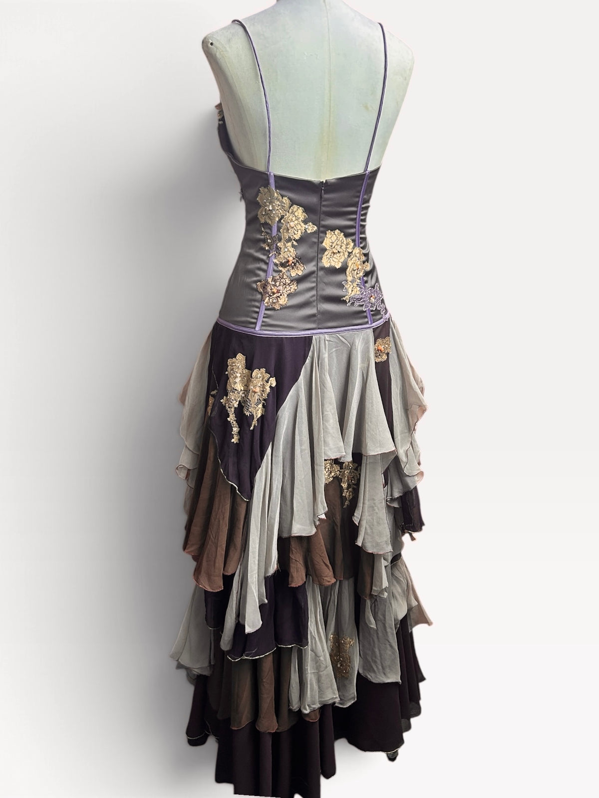 Mandalay Long Layered Silk Gown with Lace and Beaded Details Brown and Lavender size 12