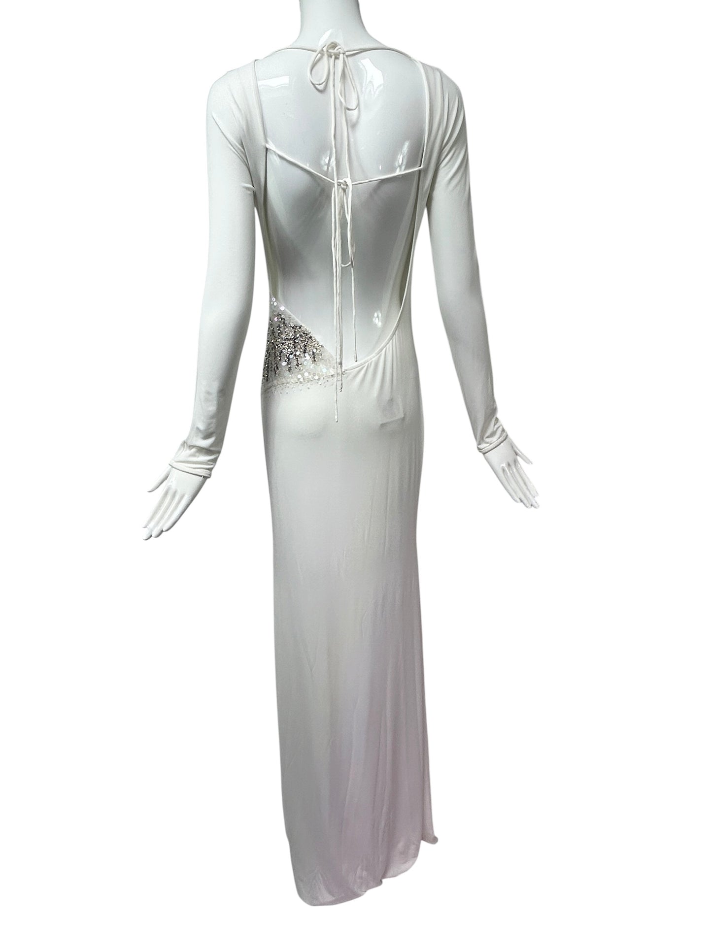 Mandalay Deadstock White Backless Stretch Jersey Gown | Y2K Maxi Dress | Wedding or Bridal Reception Dress size 10 and 8