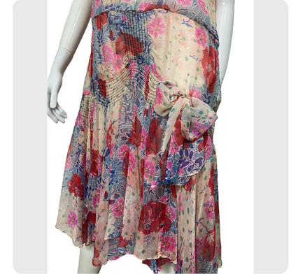 20’s Floral Print Silk Chiffon Dress with Bow Accents and Matching Slip