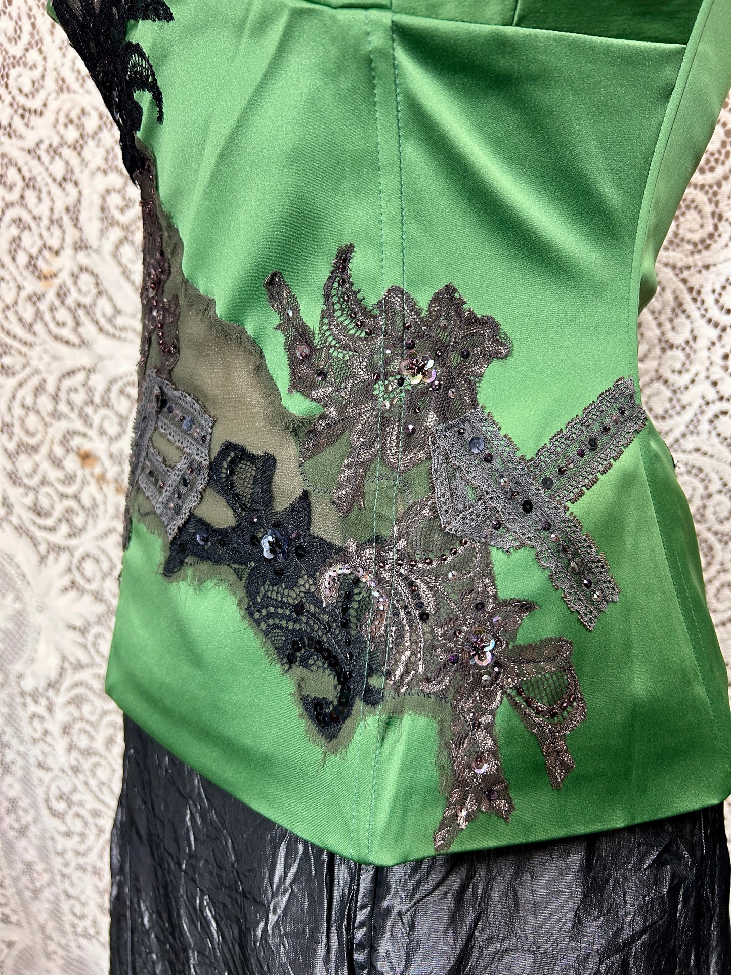 Deadstock Y2K Mandalay Emerald Satin Corset Top — Hand-Embellished Lace