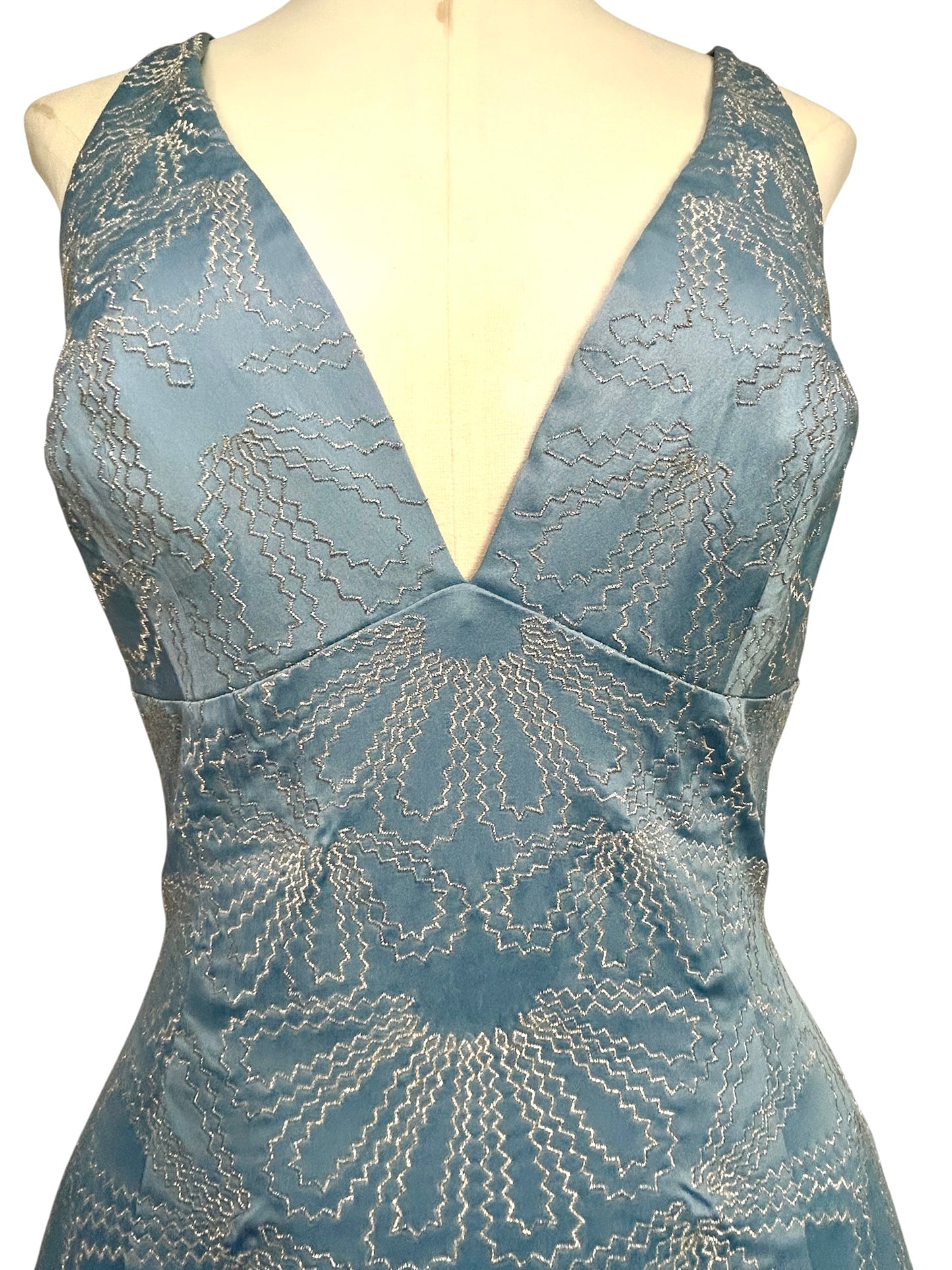 Deadstock Mandalay Sky Blue Satin Embroidered Mermaid Dress – Y2K Silver Embroidery Silk Chiffon Hem Cocktail Dress Size 6
