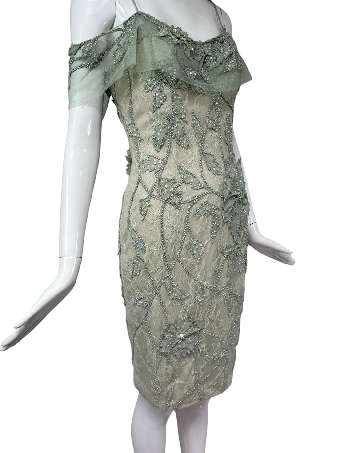 Mandalay Celadon Lace Beaded Cocktail Dress – Deadstock Y2K Off-the-Shoulder Dress | Size 6