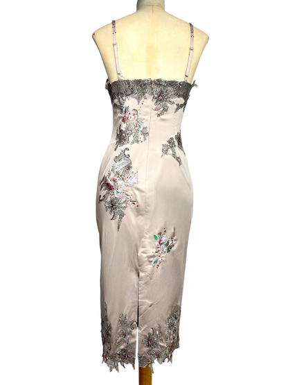 Deadstock Mandalay Silver Lilac Embroidered Satin Stretch Slip Dress – Size 8