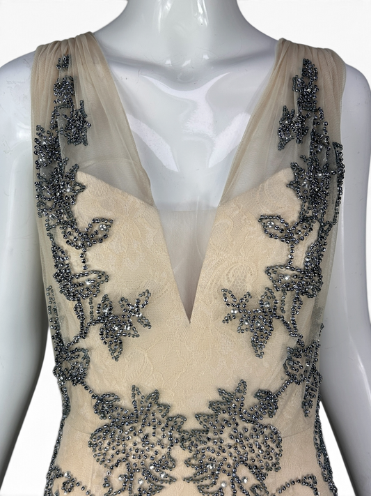 Vintage Mandalay Dress – Champagne Beaded Mesh & Lace Cocktail Dress, Size 6