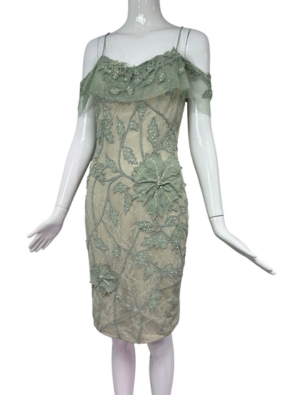 Mandalay Celadon Lace Beaded Cocktail Dress – Deadstock Y2K Off-the-Shoulder Dress | Size 6