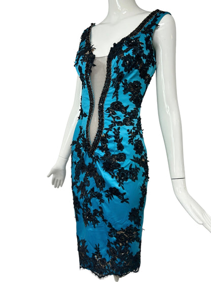 Mandalay Blue Illusion Lace Cocktail Dress – Deadstock Y2K Satin Dress | Size 6
