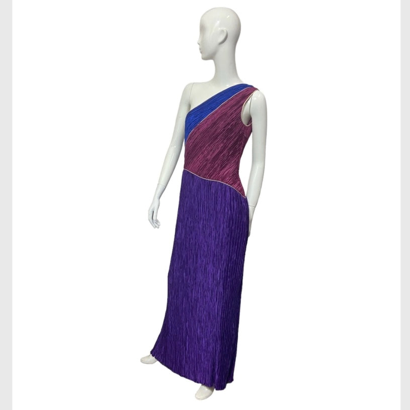 80’s Mary McFadden One Shoulder Colorblock Plisse Gown