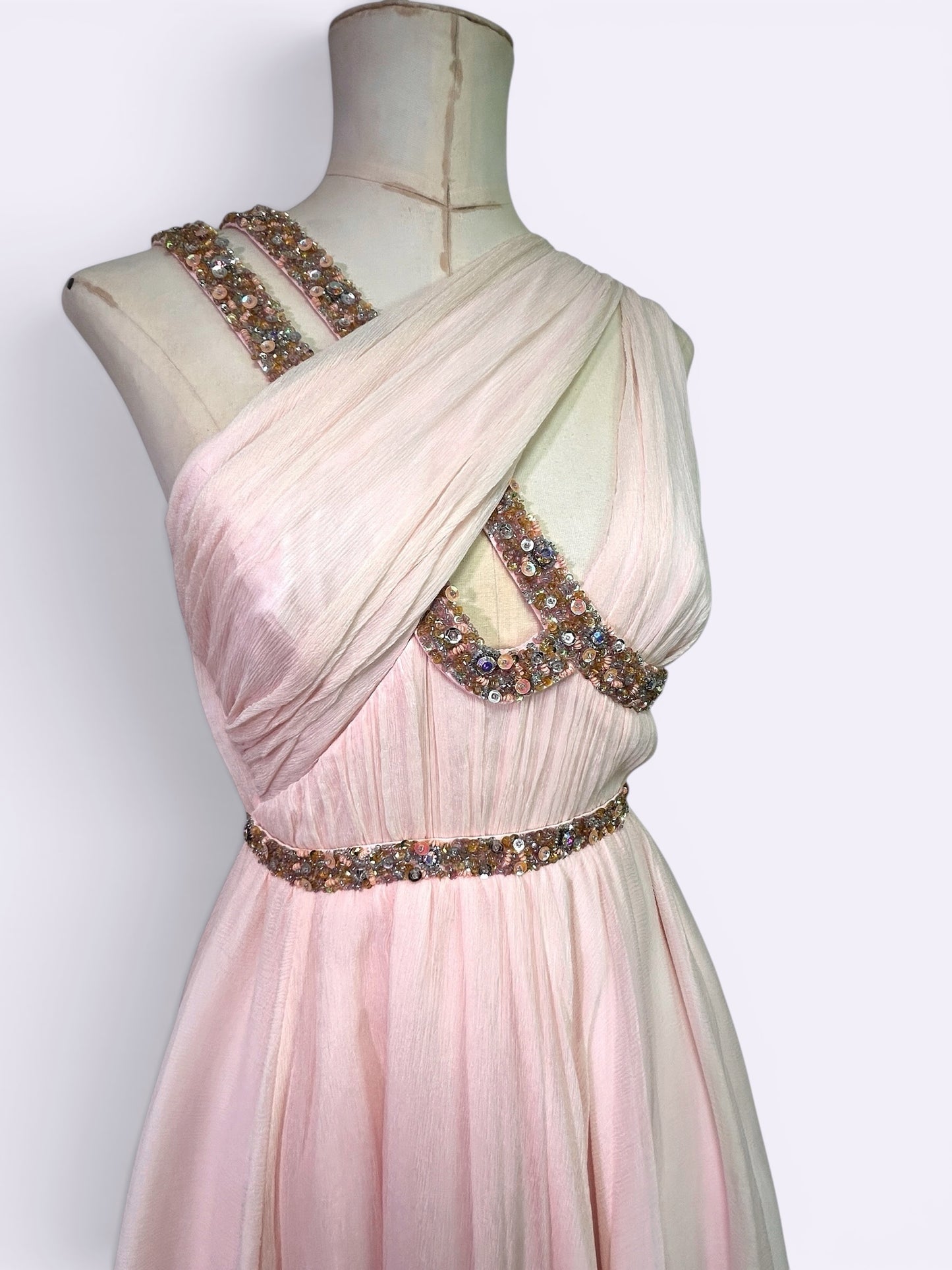 Mandalay Deadstock Silk Chiffon Ballet Pink Beaded Grecian Cocktail Dress Size 4