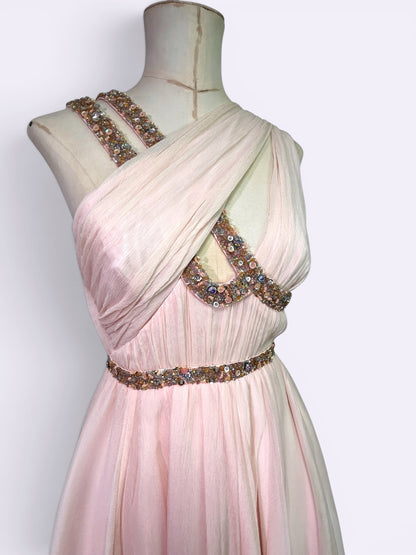 Mandalay Deadstock Silk Chiffon Ballet Pink Beaded Grecian Cocktail Dress Size 4