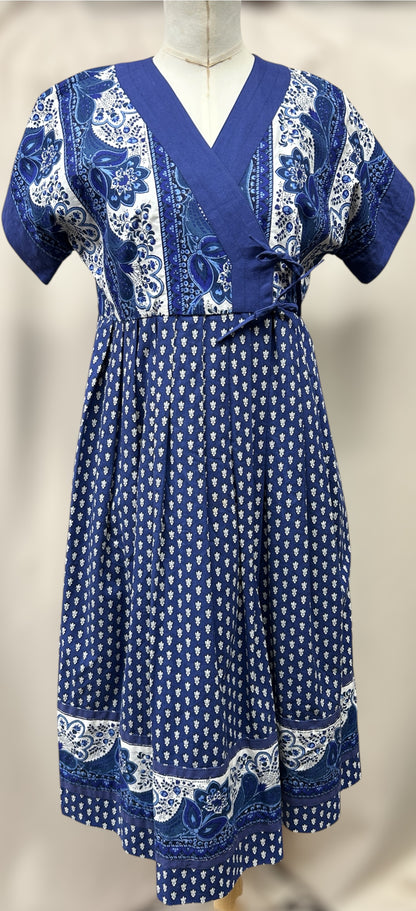 Vintage Pierre Deux by Soledad Cotton Wrap Dress – Blue & White Floral Block Print 