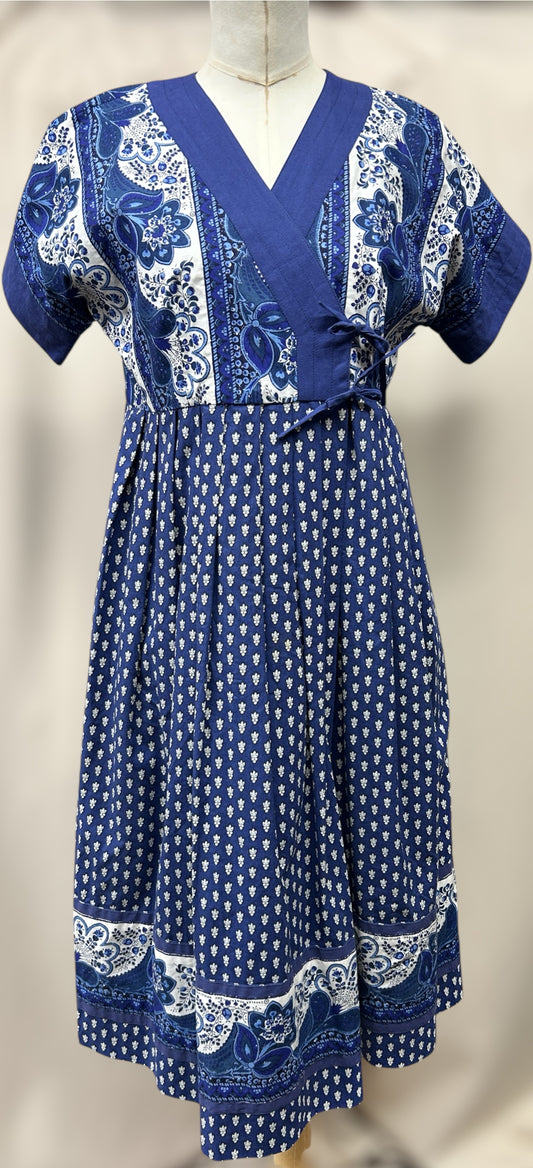 Vintage Pierre Deux by Soledad Cotton Wrap Dress – Blue & White Floral Block Print 