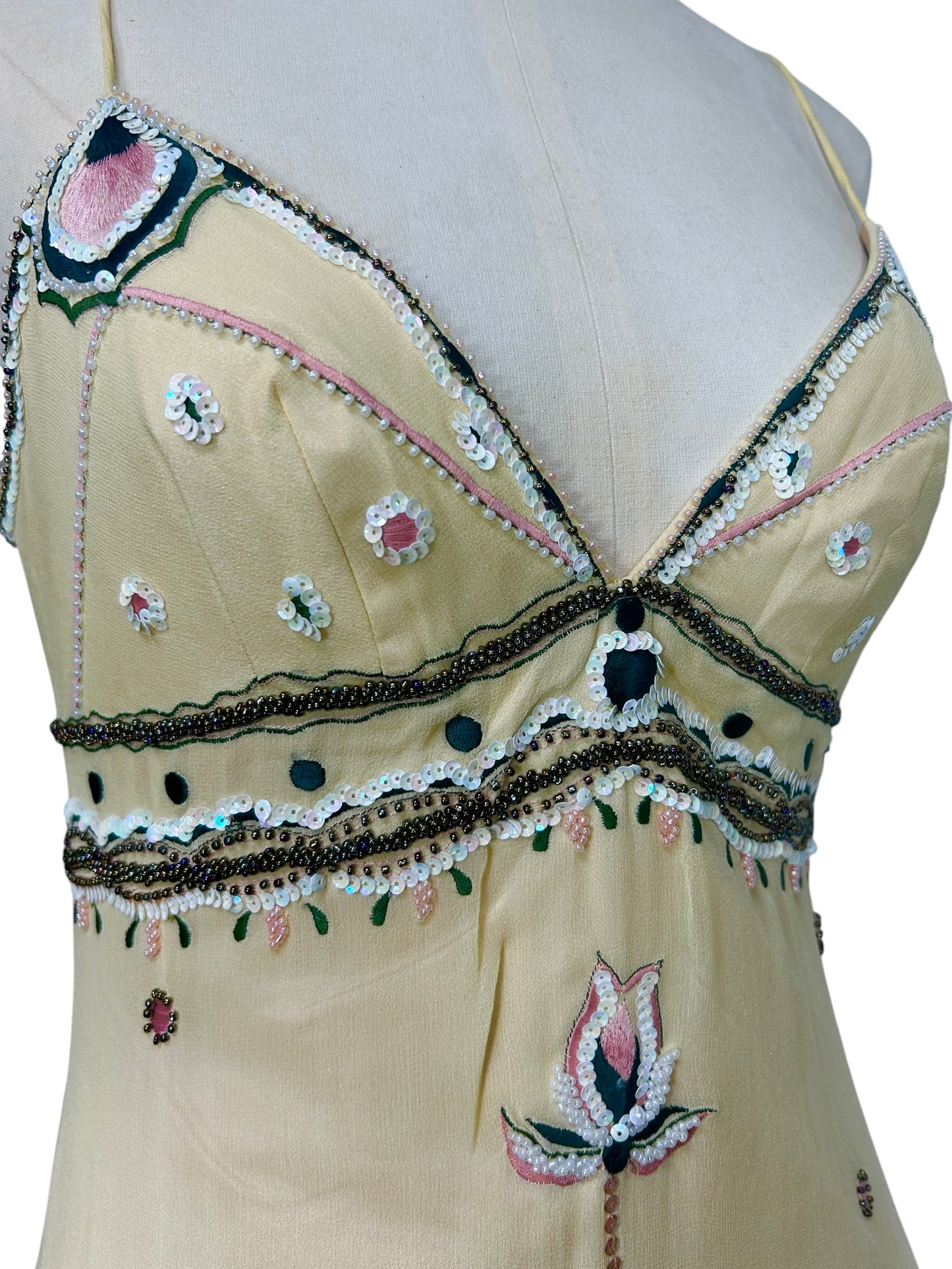 Deadstock Mandalay Butter Yellow Silk Chiffon Beaded Mini Dress with Pink Embroidery – Size 6