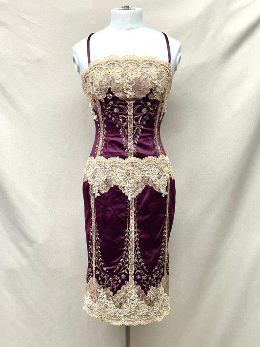 Y2K Mandalay Deadstock Bodycon Midi Dress – Purple & Champagne, Size 6