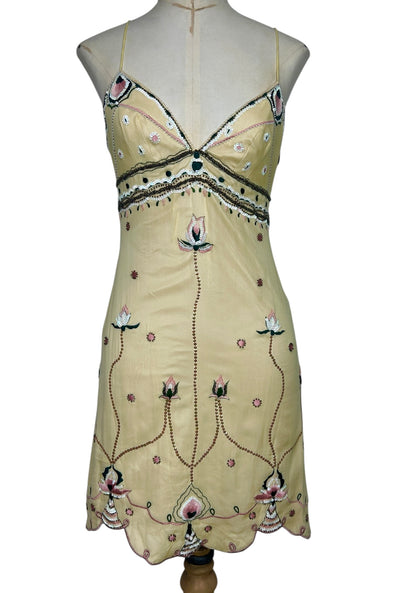 Deadstock Mandalay Butter Yellow Silk Chiffon Beaded Mini Dress with Pink Embroidery – Size 6