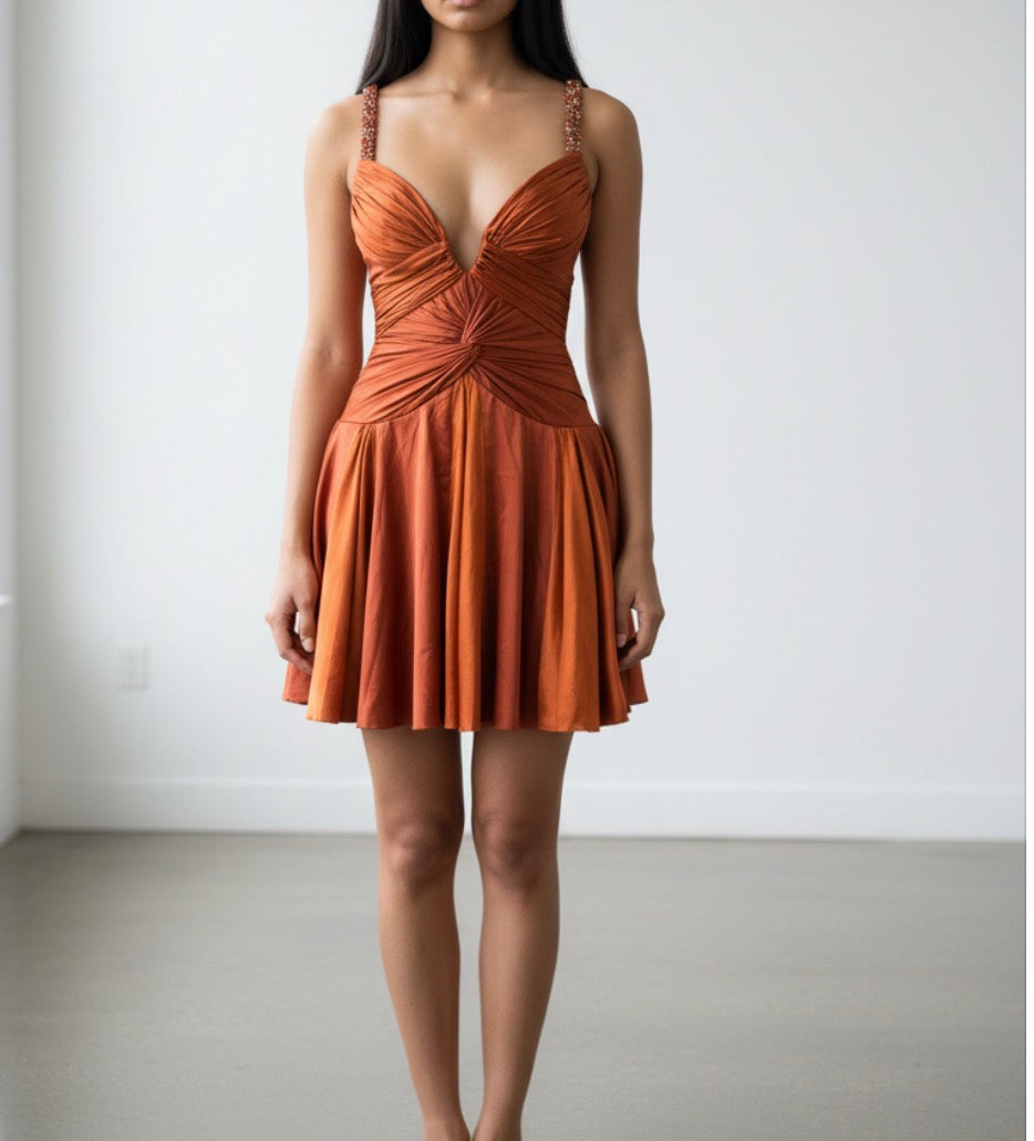 Deadstock Mandalay Burnt Copper Silk Satin Beaded Strap Dress — Size 6