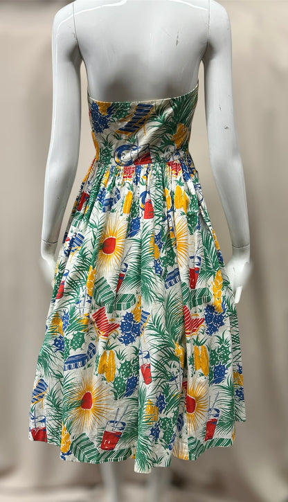 1940s–Early 1950s Tropical Print Linen Halter Dress