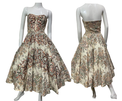 1950s strapless paisley print sequined dress