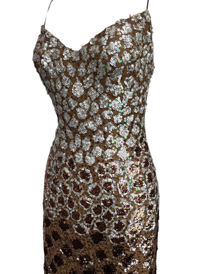 Deadstock Mandalay Bronze Sequin Silk Chiffon Dress — Size 6 — Embellished Vintage Mandalay