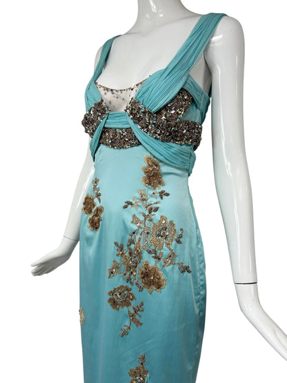 Mandalay Aqua Silk Chiffon Beaded Evening Dress – Deadstock Y2K Embroidered Gown | Size 6    AS-IS