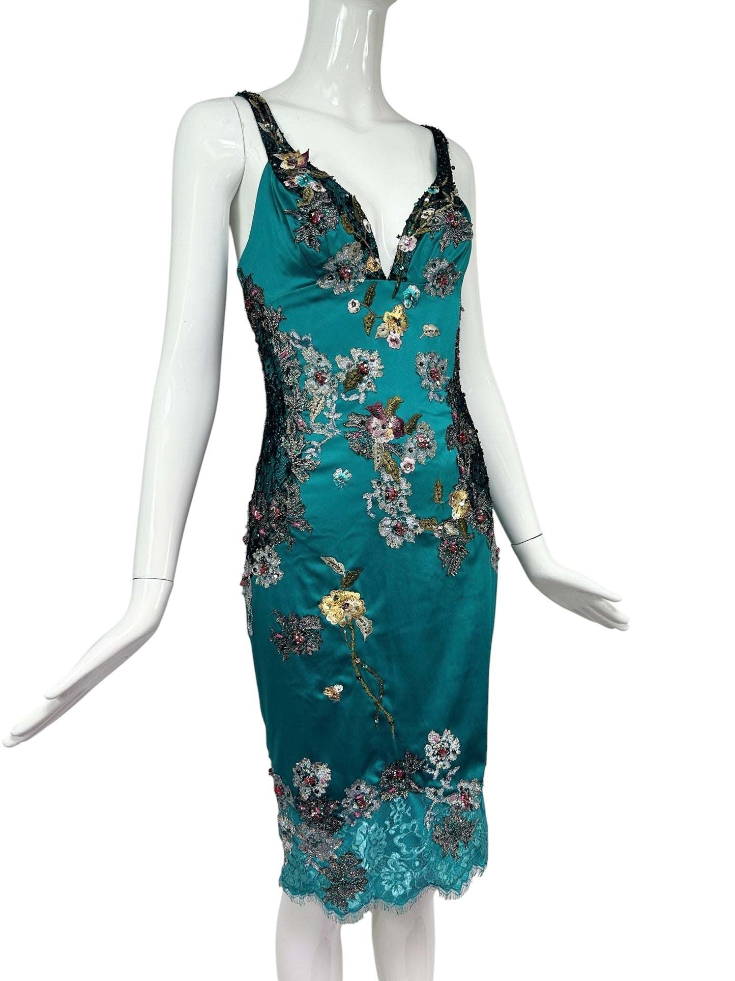 Mandalay Peacock Stretch Satin Beaded Cocktail Dress – Deadstock Y2K Embroidered Dress | Size 6