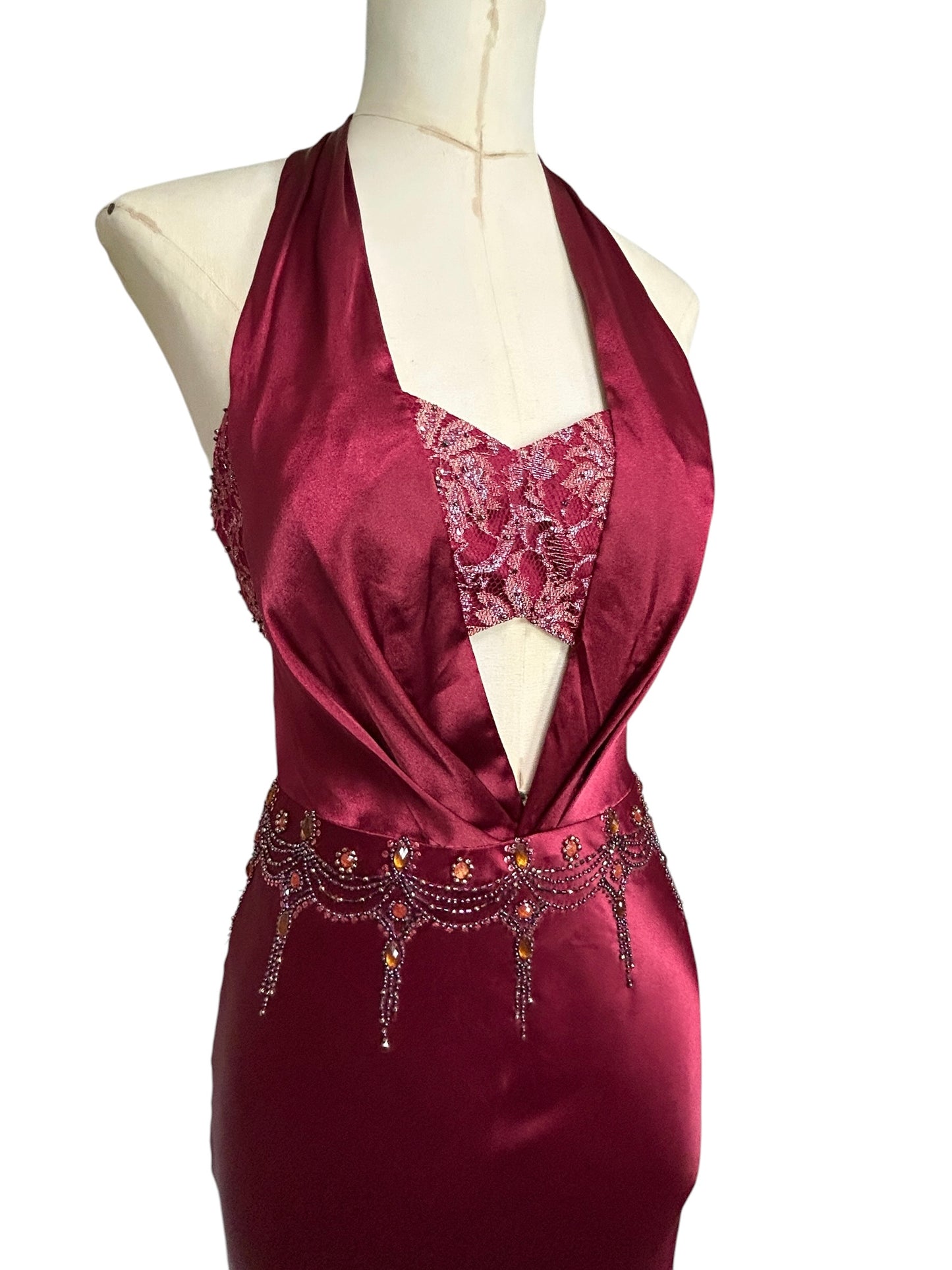 Deadstock Mandalay Burgundy Satin Cutout Halter Gown – Size 2