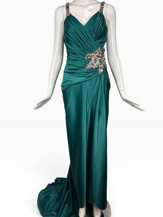 Vintage Mandalay Gown – Green Jeweled Evening Dress with Side Slit, Size 8