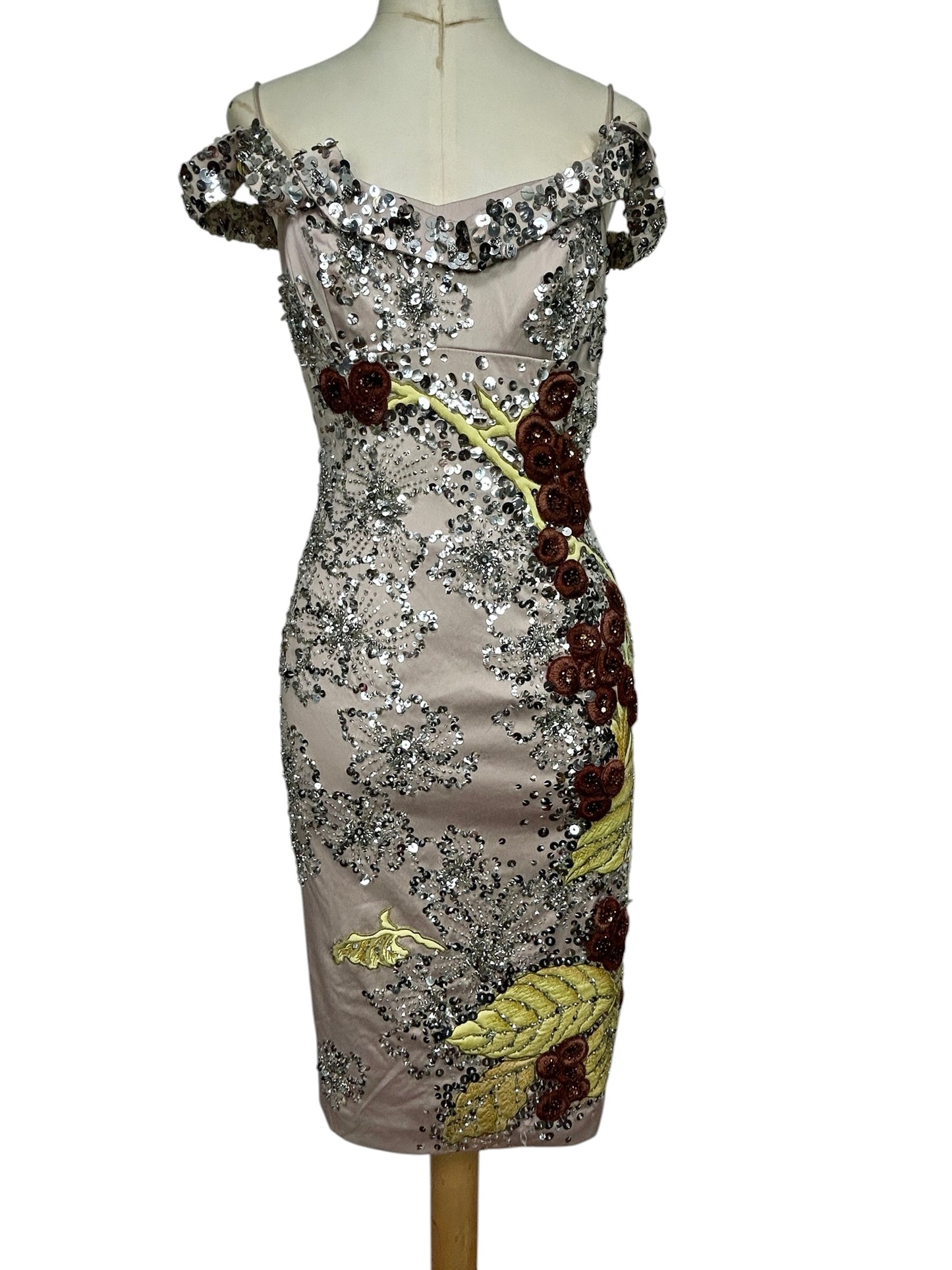 Extraordinary One-of-a-Kind Deadstock Mandalay 1940s Inspired Sequin Embroidered Cocktail Dress – Glamorous Y2K Designer Evening Wiggle Dress Size 6