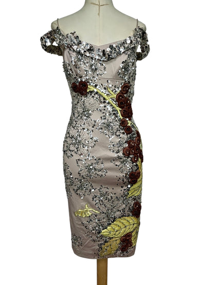Extraordinary One-of-a-Kind Deadstock Mandalay 1940s Inspired Sequin Embroidered Cocktail Dress – Glamorous Y2K Designer Evening Wiggle Dress Size 6
