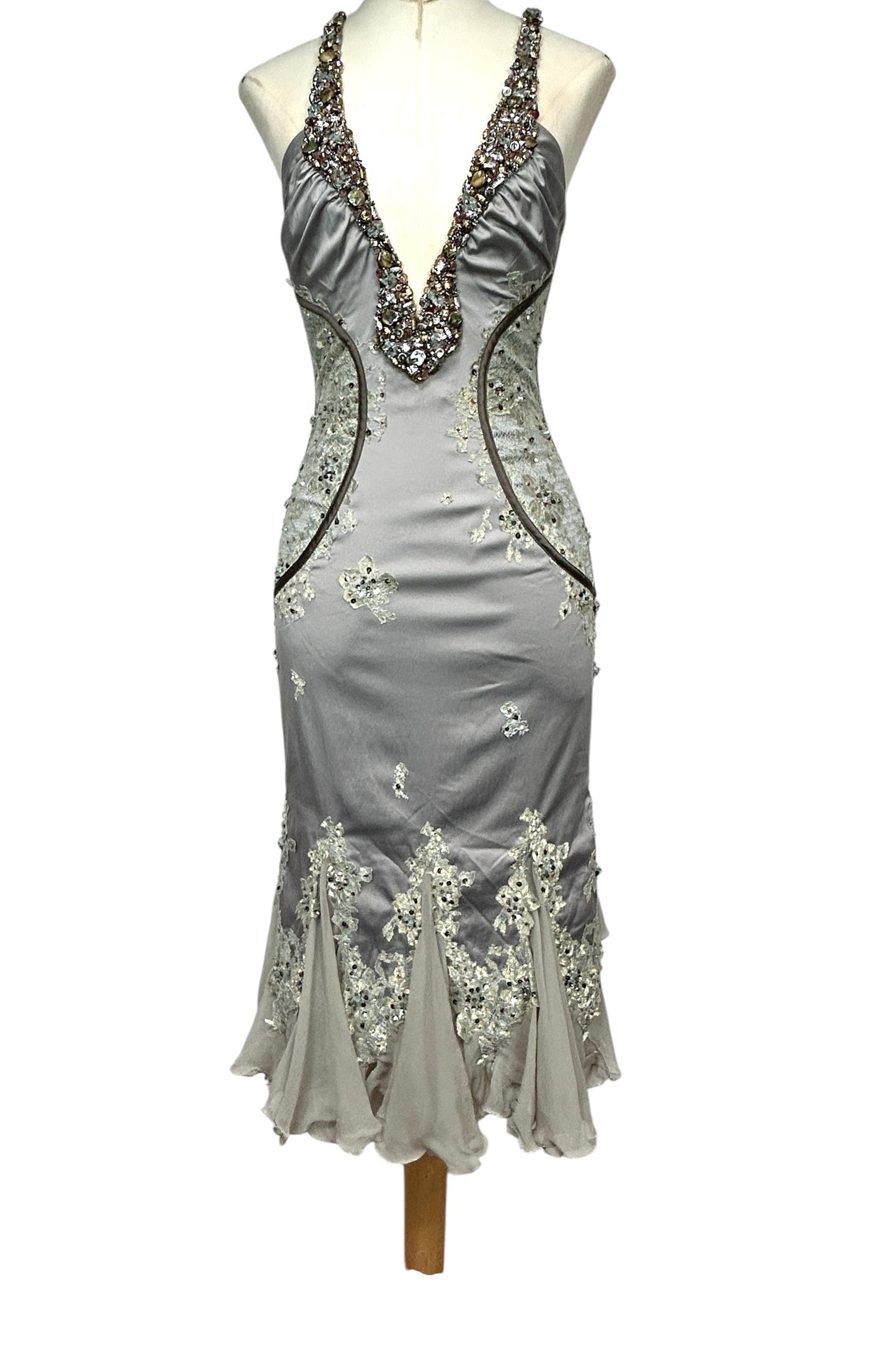 Deadstock Mandalay Embellished Silver Satin Mermaid Gown – Size 8