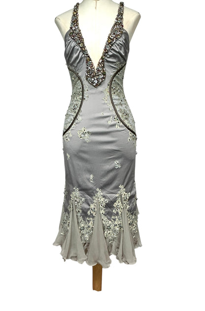 Deadstock Mandalay Embellished Silver Satin Mermaid Gown – Size 8