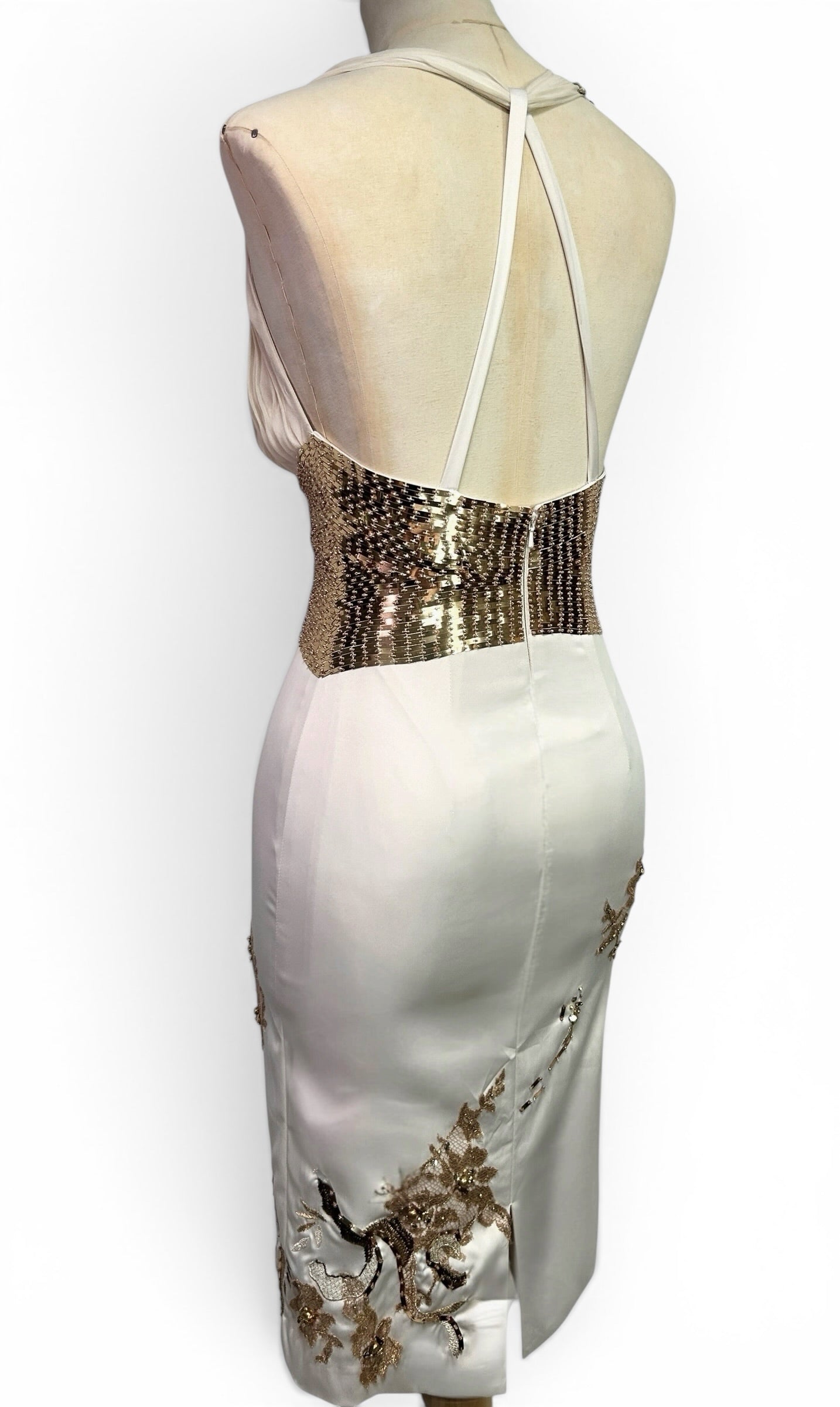 Mandalay Deadstock Stretch Satin & Gold Sequin Embellished Cocktail Dress Size 4