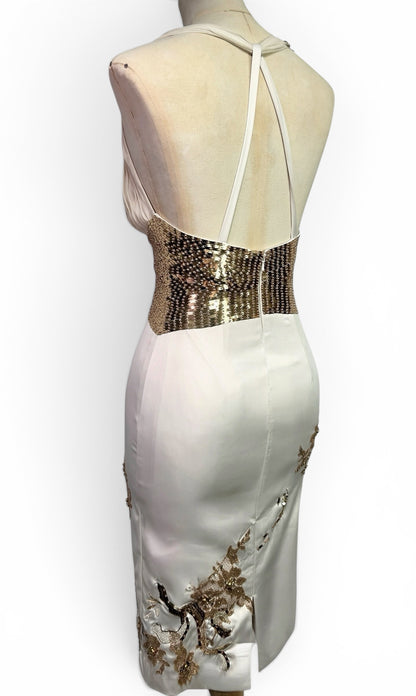 Mandalay Deadstock Stretch Satin & Gold Sequin Embellished Cocktail Dress Size 4