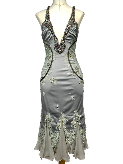 Deadstock Mandalay Embellished Silver Satin Mermaid Gown – Size 8