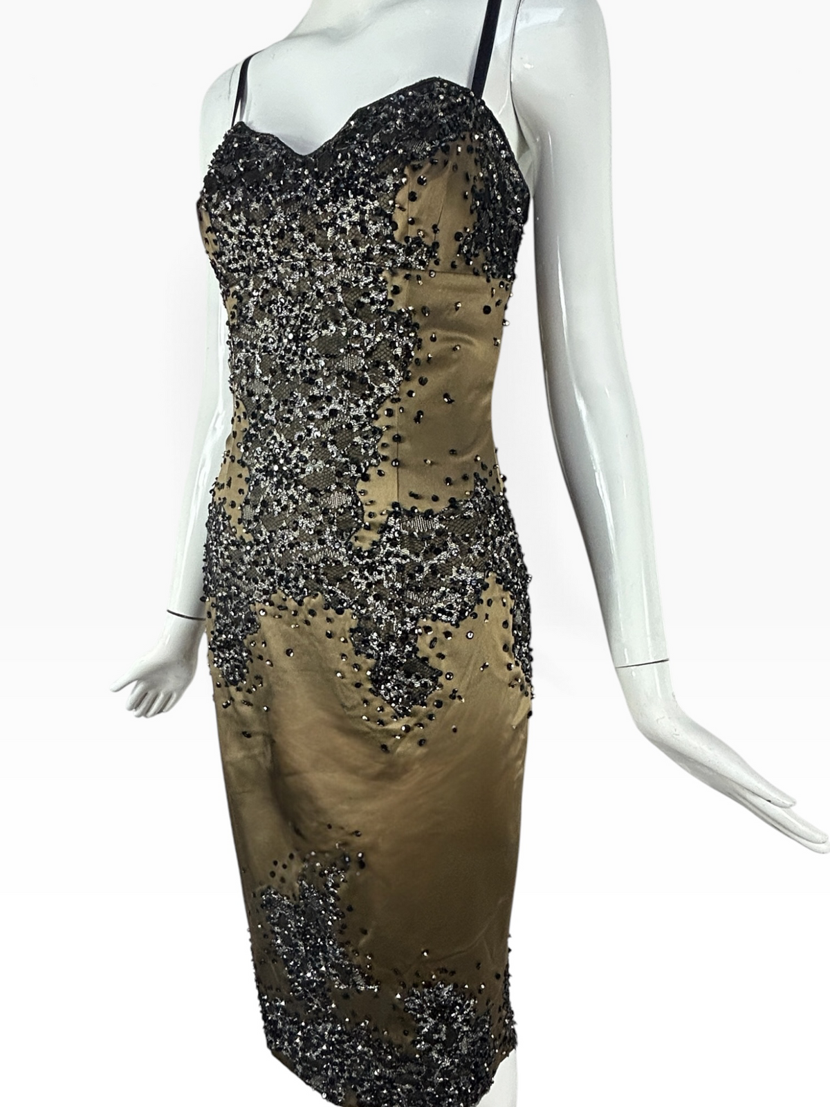 Deadstock Mandalay Bronze Stretch Satin Embroidered Dress – Size 6