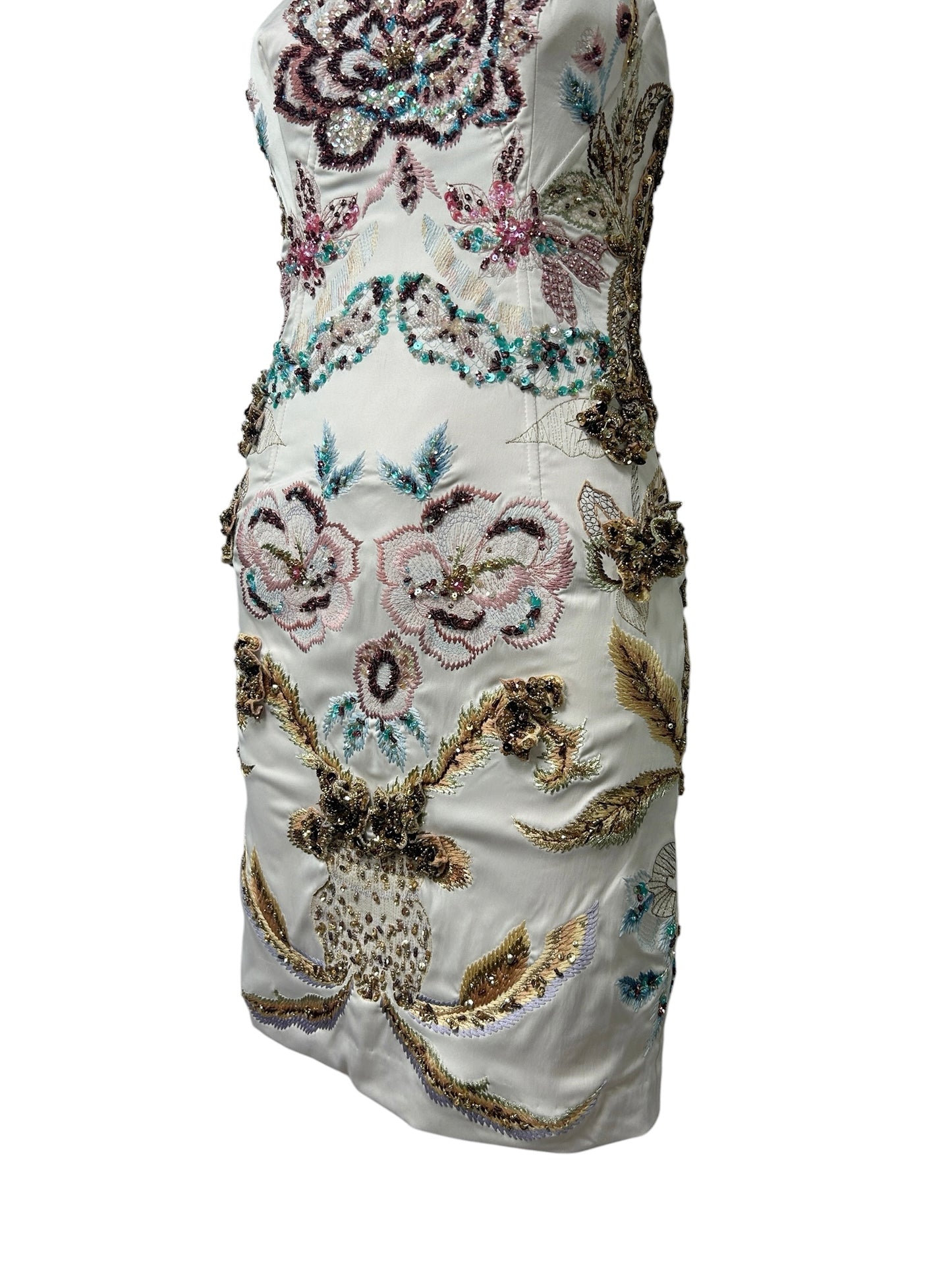 Mandalay Deadstock Embellished Silk Satin Cocktail Dress | Beaded Floral Y2K Mini | Size 2