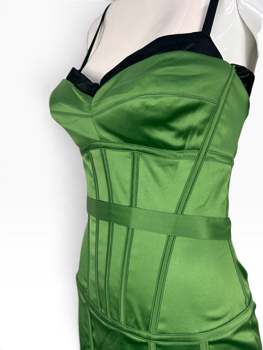 Vintage Mandalay Dress – Green Satin Corset Cocktail Dress, Size 6, Deadstock