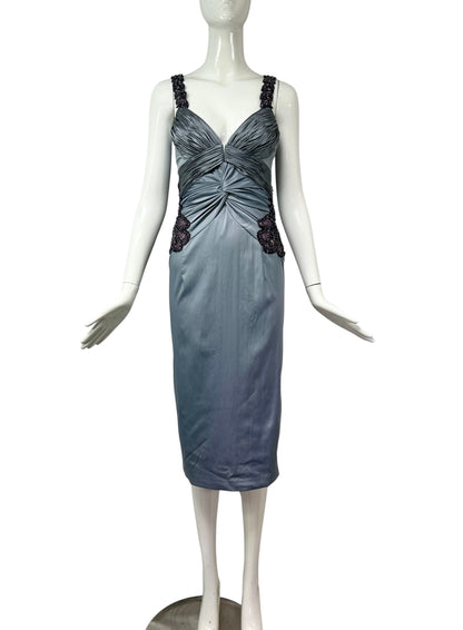 Mandalay Silver Blue Ruched Satin Cocktail Dress – Deadstock Y2K Beaded Wiggle Dress | Size 10