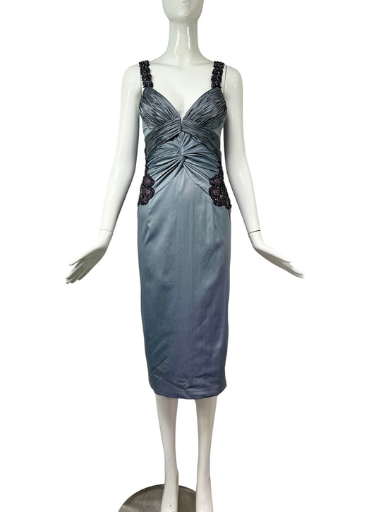 Mandalay Silver Blue Ruched Satin Cocktail Dress – Deadstock Y2K Beaded Wiggle Dress | Size 10