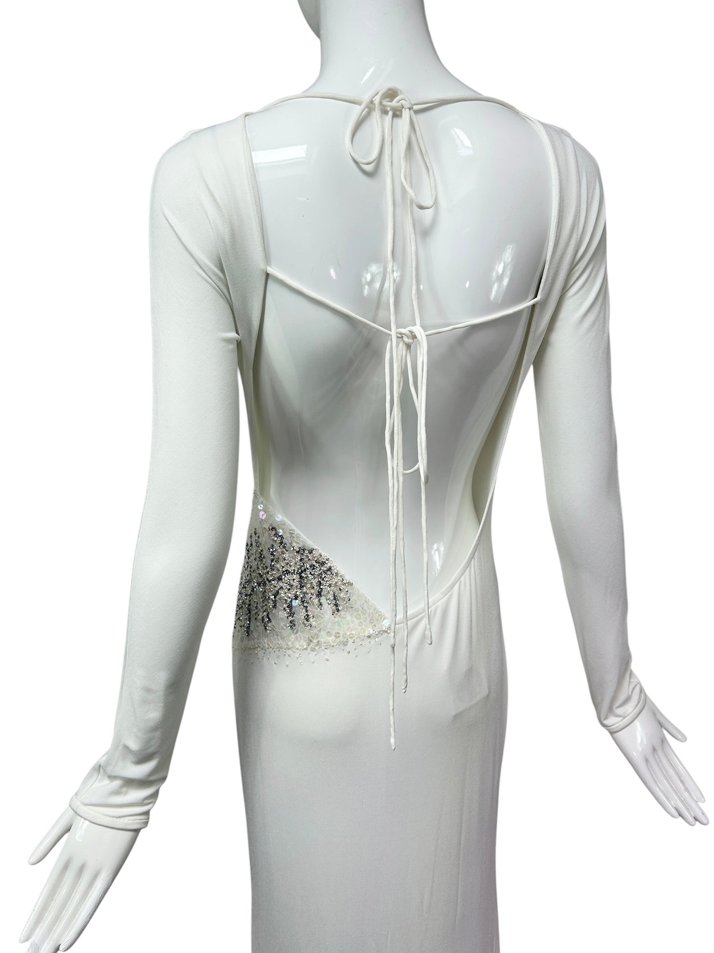 Mandalay Deadstock White Backless Stretch Jersey Gown | Y2K Maxi Dress | Wedding or Bridal Reception Dress size 10 and 8