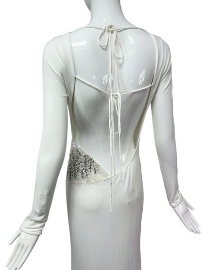 Mandalay Deadstock White Backless Stretch Jersey Gown | Y2K Maxi Dress | Wedding or Bridal Reception Dress size 10 and 8