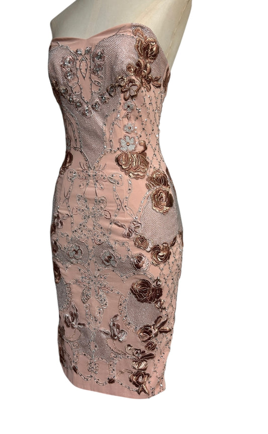 Ballet pink, heavily embroidered strapless, Mandalay wiggle dress size 6