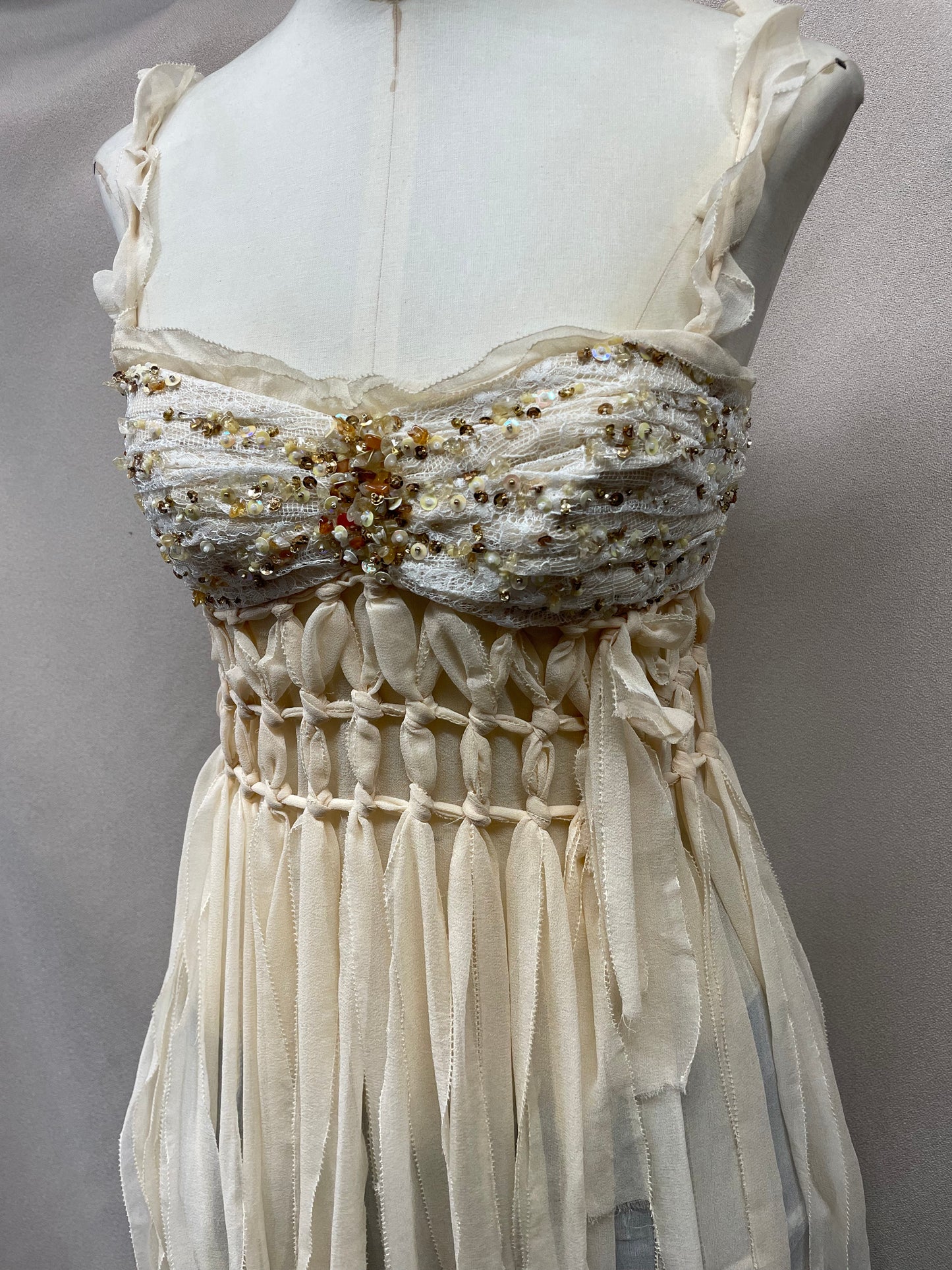 Y2K Vintage Deadstock Mandalay Ribbon Fringe Top – Lace, Beaded & Sequined (Size 10)