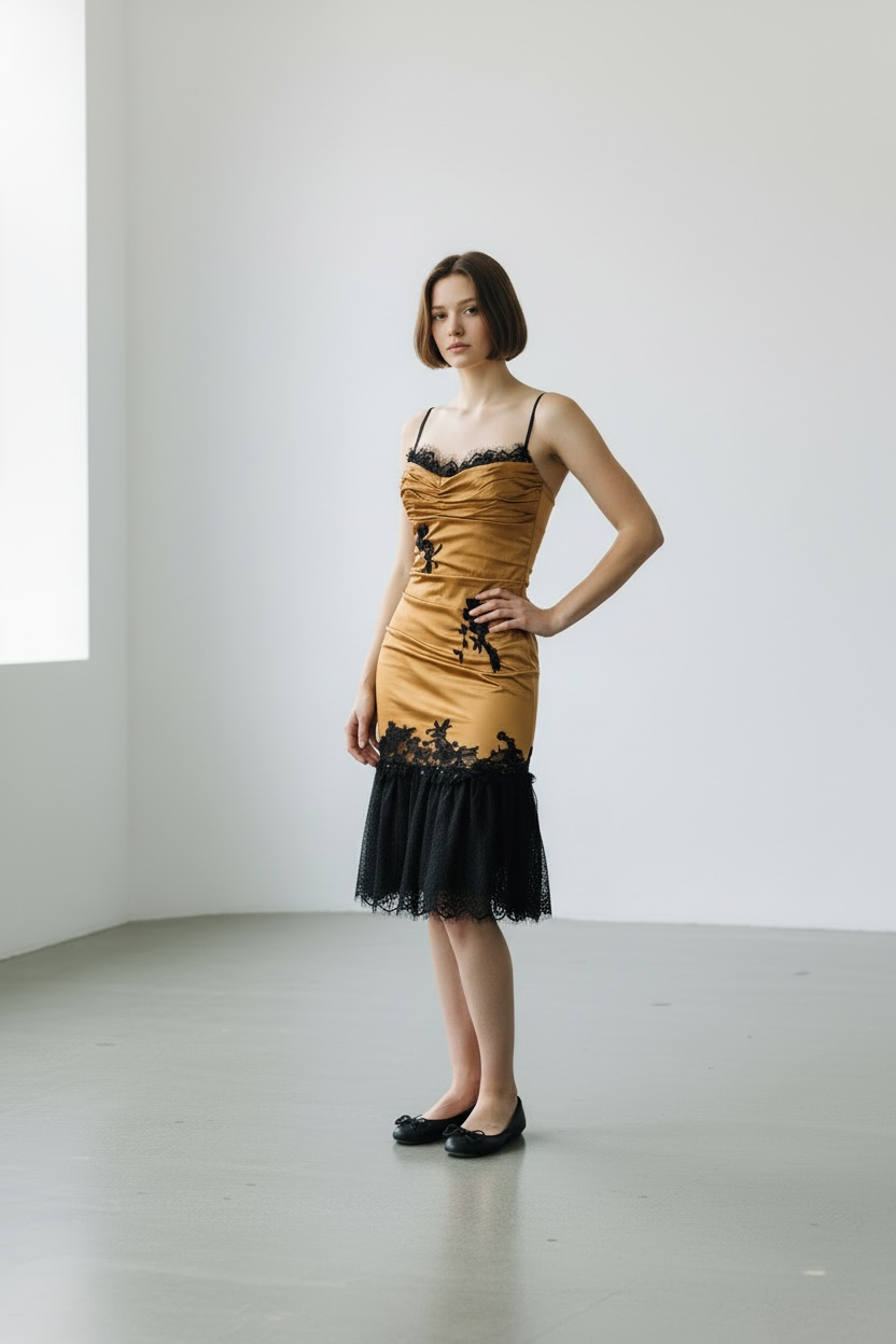 Deadstock Mandalay Lace-Trim Dress — Gold & Black | Size 6