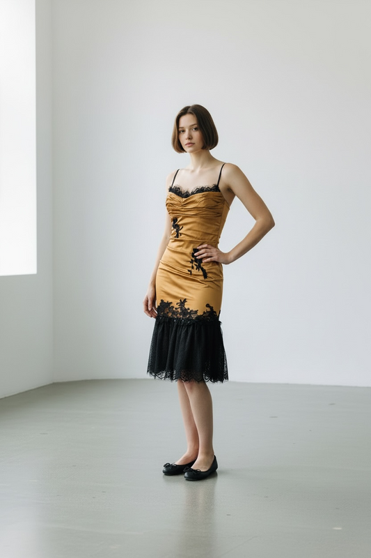 Deadstock Mandalay Lace-Trim Dress — Gold & Black | Size 6