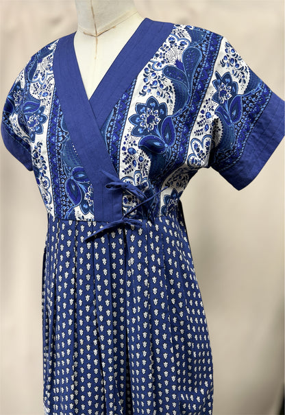 Vintage Pierre Deux by Soledad Cotton Wrap Dress – Blue & White Floral Block Print 
